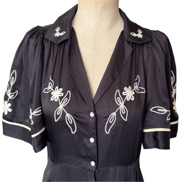 The Great. The Western Bridge Embroidered Satin Midi Dress Black Small Size:1 - Picture 6 of 16